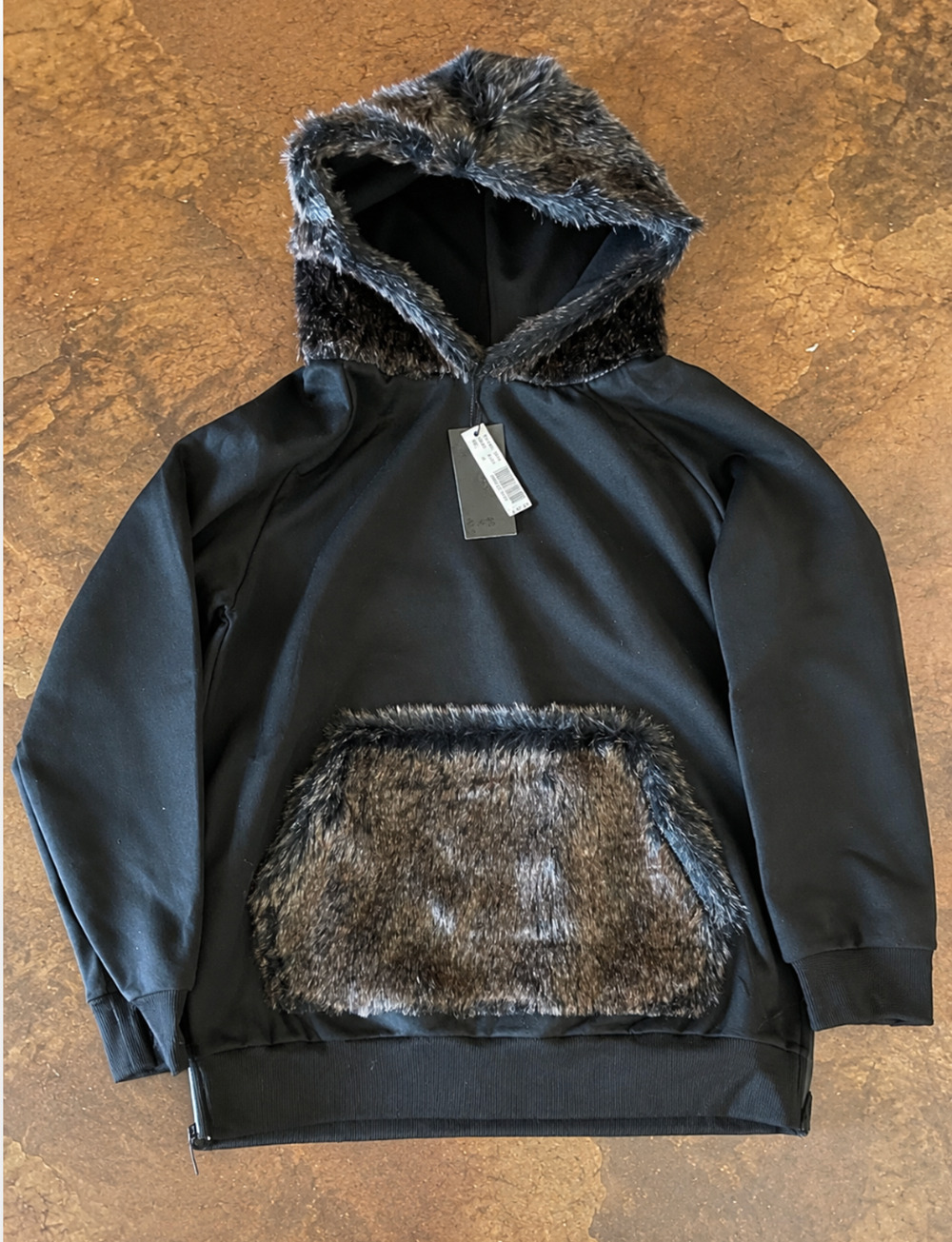 Riflessi Collection Faux Fur Zip Hoodie Jacket Black Women’s XL NWT